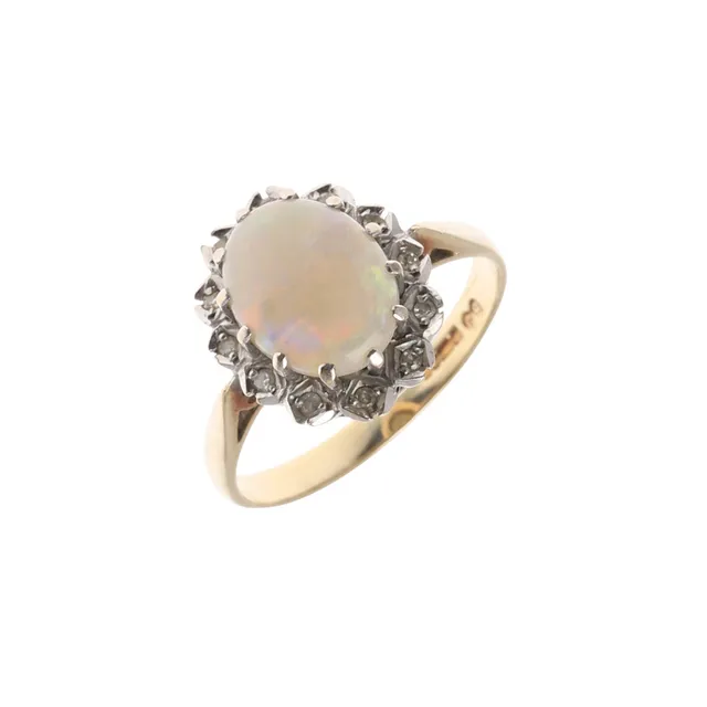 A 9CT GOLD, OPAL AND DIAMOND CLUSTER RING.