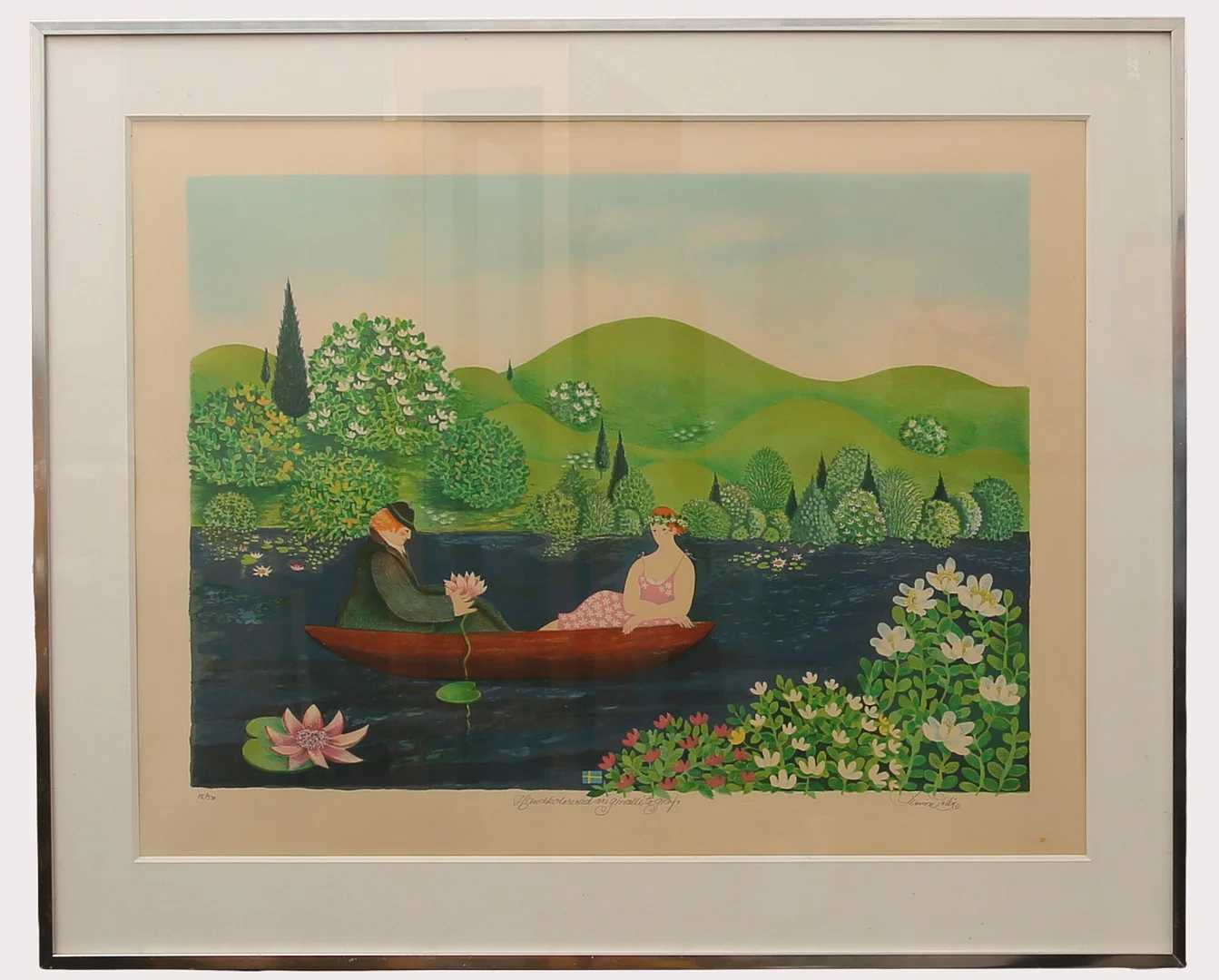 MARION BELIN. Handkolorerad färglitografi, romantisk båttur, "sommar" numrerad 18/390. — Engravings & Prints — Limhamns Auktionsbyrå