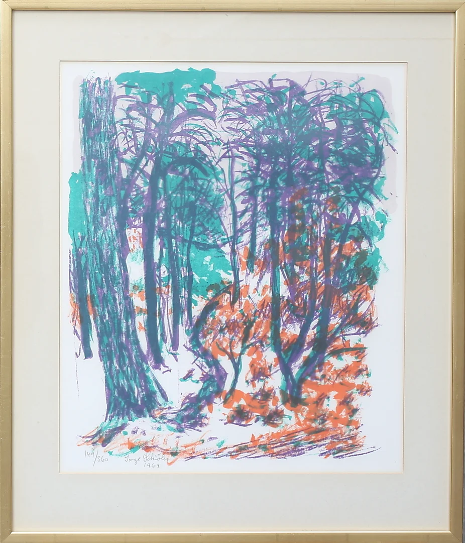 INGE SCHIÖLER. Skog. Färglitografi, signerad, numrerad 149/360 och daterad 1969. — Engravings & Prints — Auktionshuset Thelin & Johansson