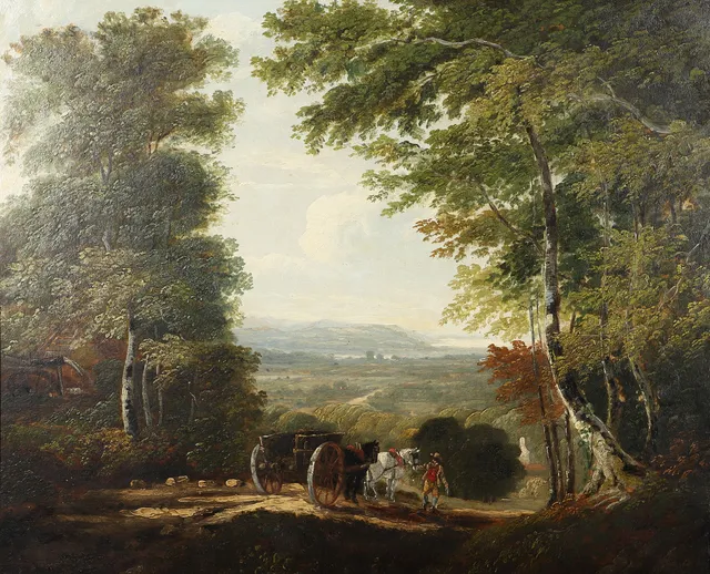 FOLLOWER OF GEORGE BARRETT JUNIOR (C.1767-1842). A MAN WITH HORSE AND CART DESCENDING INTO A VALE.