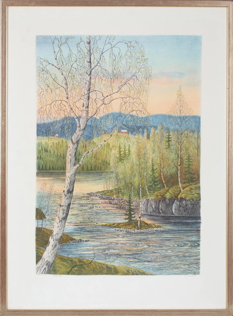 PER JULIUS. Insjölandskap, färglitografi, signerad 128/275. — Engravings & Prints — Stadsauktion Sundsvall