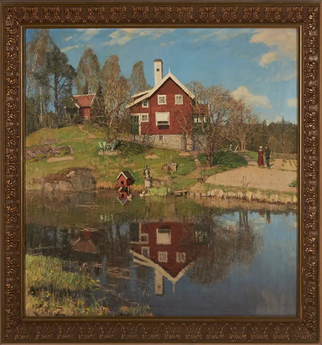 ALFRED BERGSTRÖM (1869-1930). Stuga vid sjö, signerad och daterad 1921, olja på duk.