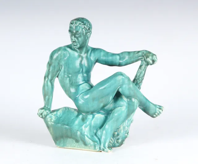 Jens Jacob Bregnø for Saxbo. 'Hercules', green-glazed stoneware figurine, 1930s