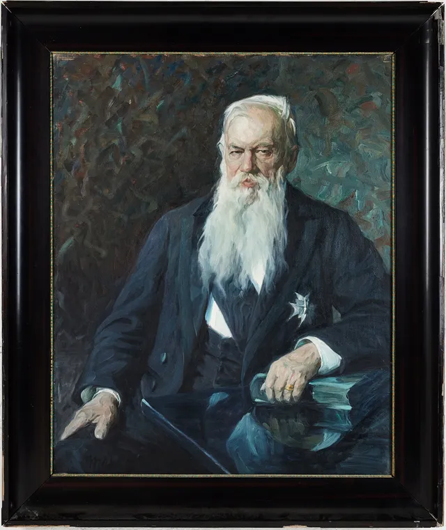 HELMER MASOLLE. Porträtt av riksantikvarien Hans Hildebrand, olja på duk.
