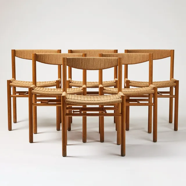 VILHELM WOHLERT. "Kirkestole", stolar sex st., Sorø Stolefabrik, Danmark 1960-tal, ek, sits och rygg med flätade papperssnören.