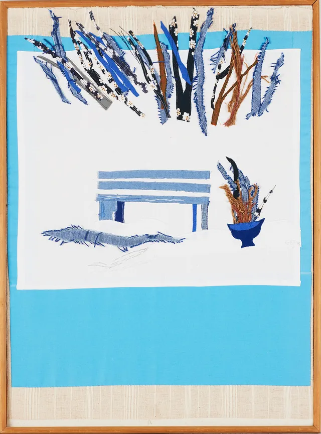 GUNILLA EKSTRÖMER FÜRST (FÖDD 1933). "Snö i trädgården", textil, assemblage, signerad "GEF" och daterad -75.