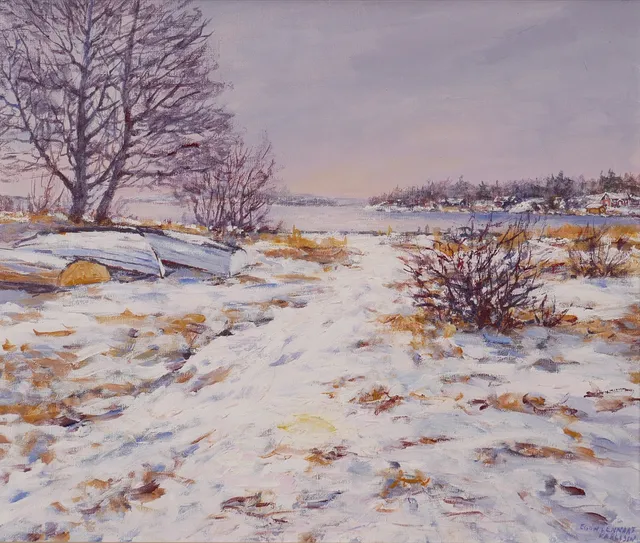 EGON KARLSSON. "Matvik Nytäppet mot Kalvö", olja på duk, signerad Egon Lennart Karlsson.