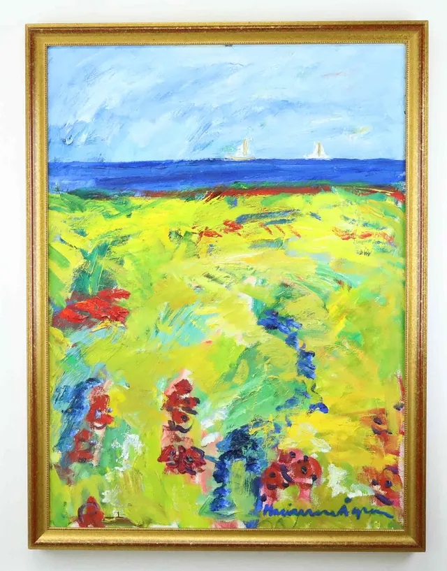 MARIANNE ÅGREN. Olja på duk, Kustlandskap, segelbåtar, signerad.