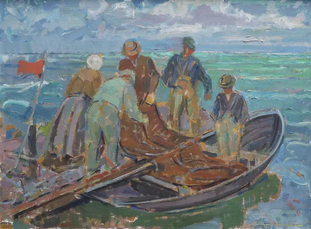 HENRY MAYNE. OLJA PÅ DUK, FISKARE, SIGNERAD.