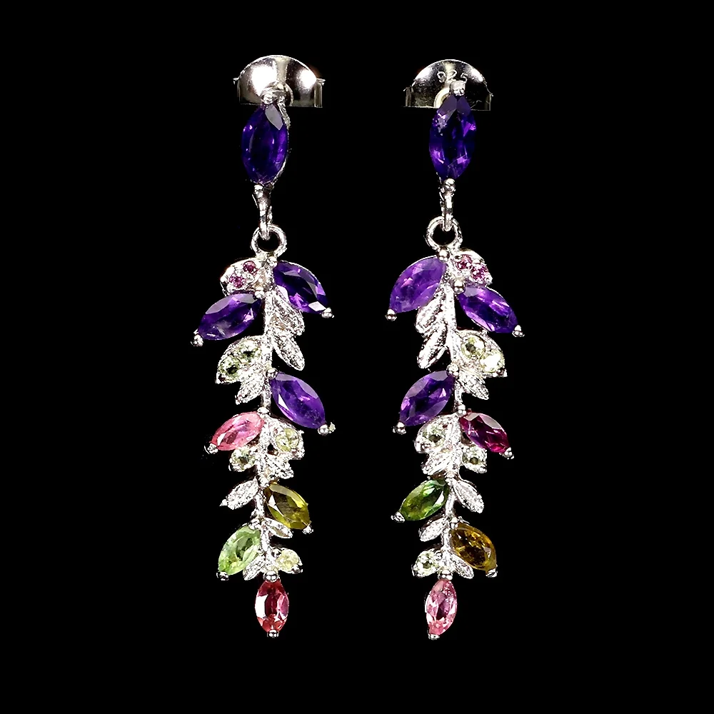 Earrings in rhodium-plated Sterling silver with numerous tourmalines, amethysts, periodots and pink rhodolite garnets — Jewellery/Earrings — Lauritz