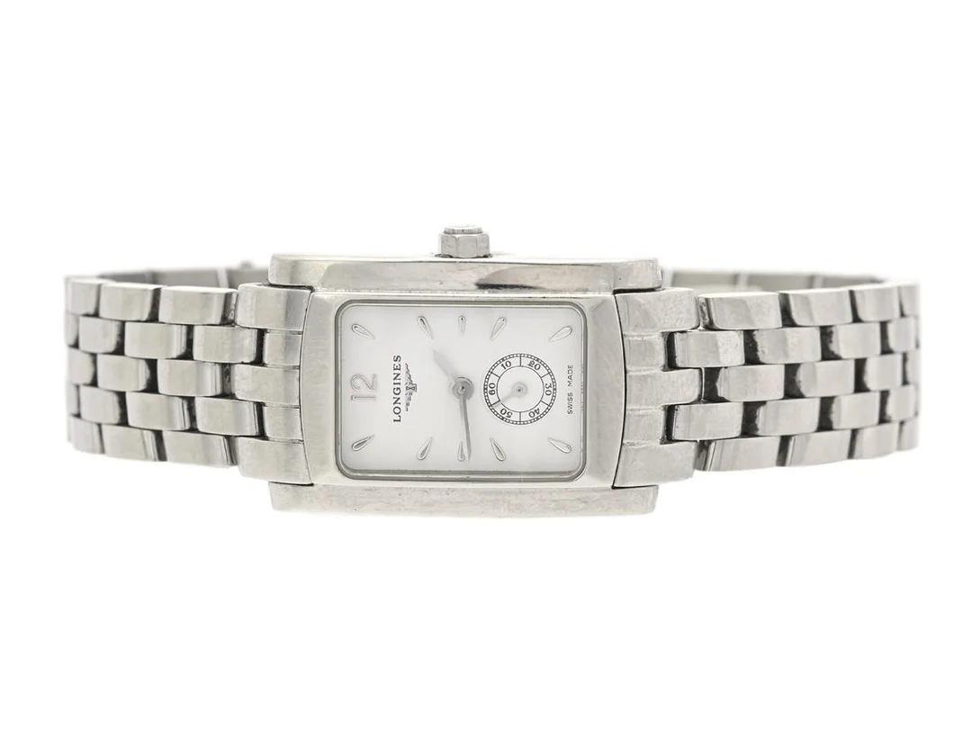 LONGINES, Dolce Vita, Cal L.178, Serie nr. 32191220, Ref nr. L5.155.4.16.6, Boett nr. L5.155.4, damur, 20 x 24,5 (30) mm, stål, quartz, safirglas, liten sekundvisare, defekt (går ej, servicebehov), originallänk, viklås, Ref nr. L600075171, cert, augusti 2005, box, ytterkartong. — Klockor/Longines — Kaplans