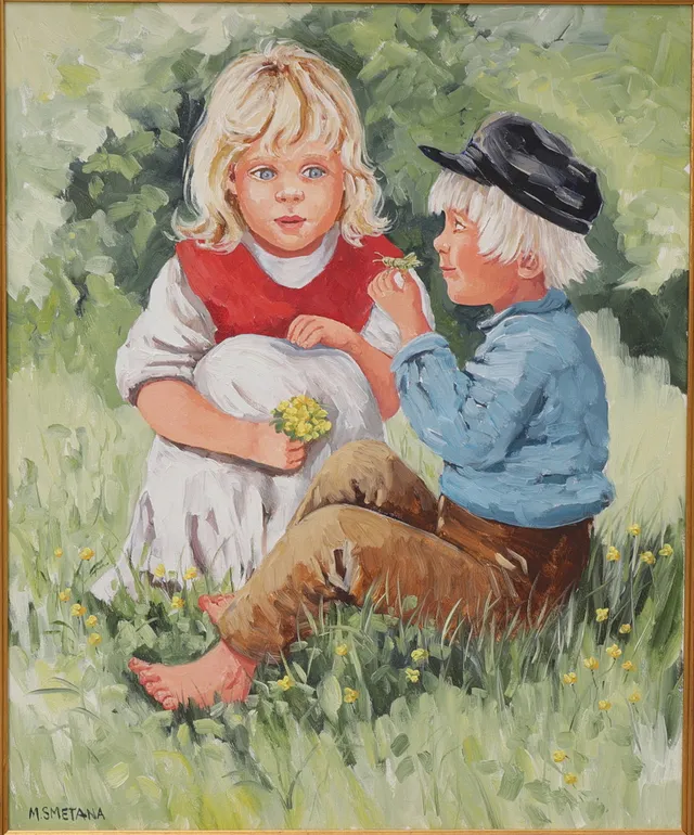 MONICA SMETANA. Barn plockar blommor, olja på duk, signerad.