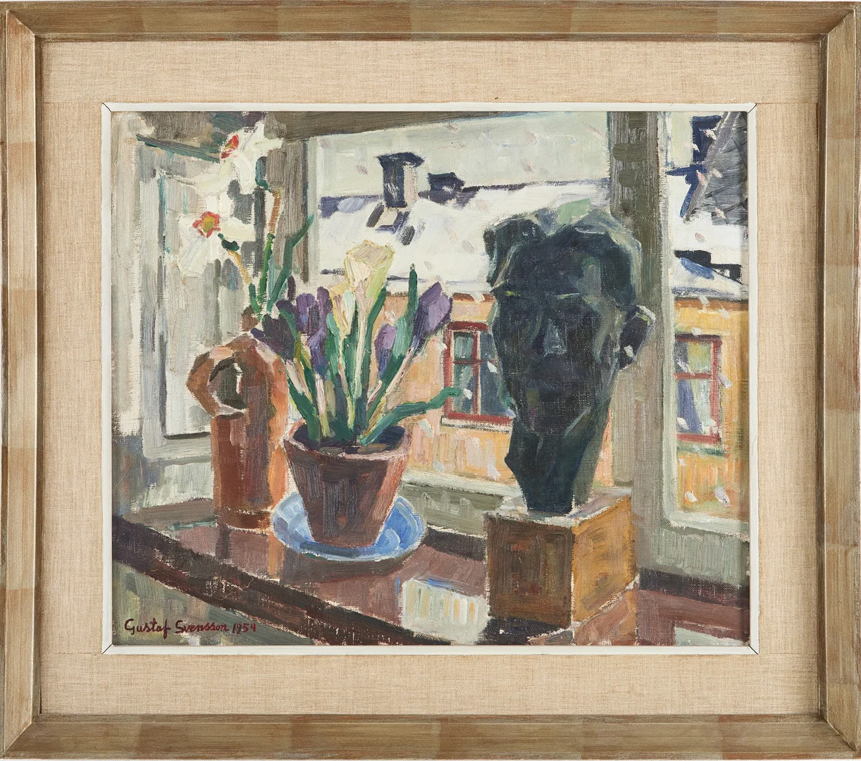 GUSTAF SVENSSON (1893-1957). " Snöväder" interiör Frejgatan, olja på duk, signerad, 1954. — Paintings — Stockholms Auktionsverk Magasin 5