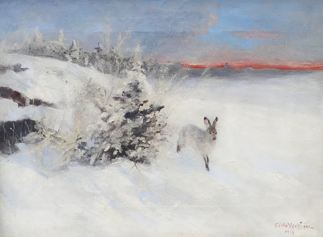 GÖSTA YDSTRÖM. Hare i vinterlandskap. Olja på duk, signerad och daterad 1913.