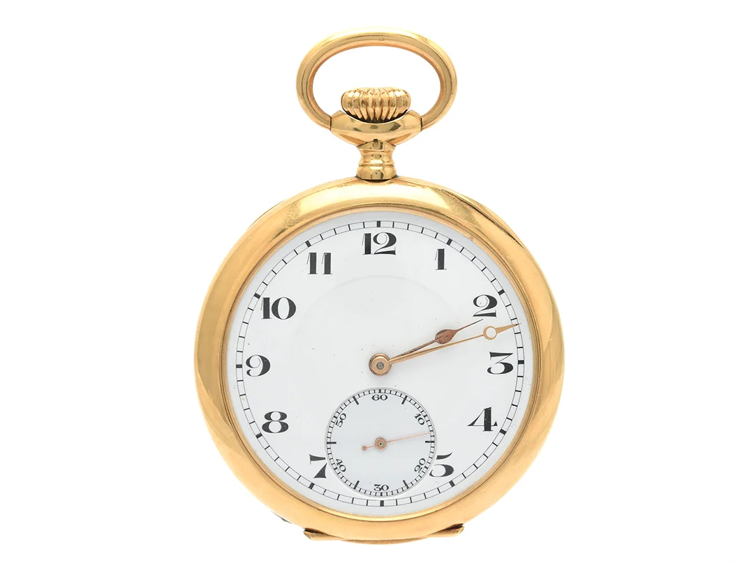 ALPINA, Chronomètre, fickur, 50,5 mm, Serie nr. 151434, Boett nr. 151434, 18K guld, ankargång, urtavla ej signerad, innerlock i 18K guld, monogram, ca 1925. — Klockor/Alpina — Kaplans