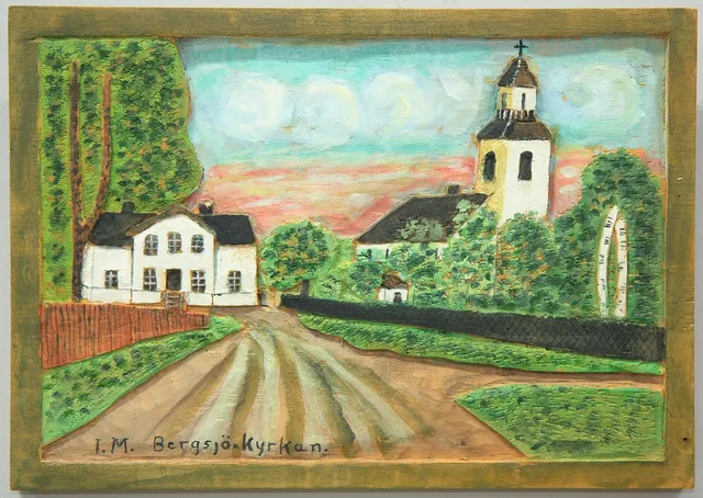 IDA MALM. Trärelief, "Bergsjö-kyrkan", signerad, Bergsjö, Hälsingland, daterad 1972.