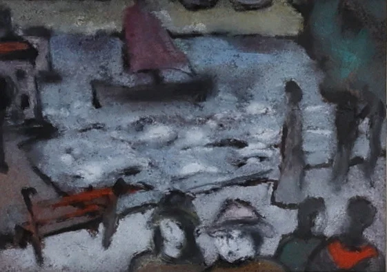 ERIK HEINERTZ. Hamnmotiv med figurer, glasmålning, daterad a tergo -54. — Paintings — Gomér & Andersson Nyköping