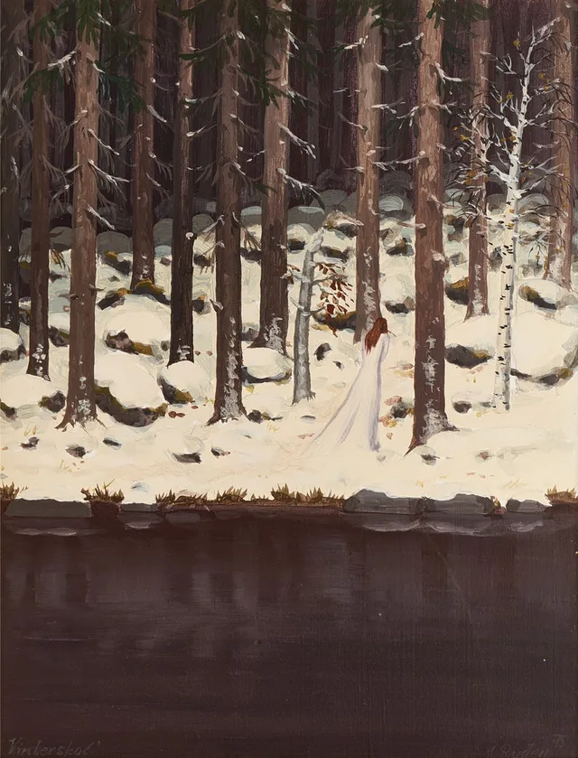 INGER RYDÉN (född 1944): "Vinterskog", signerad och daterad 75, olja på pannå.