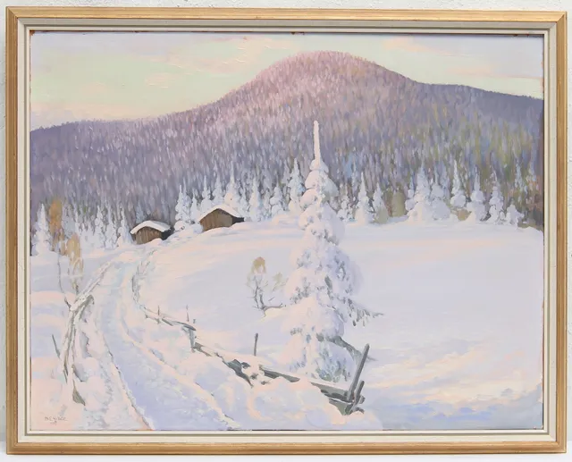 BIRGER BEH-BÖE. Olja på pannå. Vinterbild, signerad.