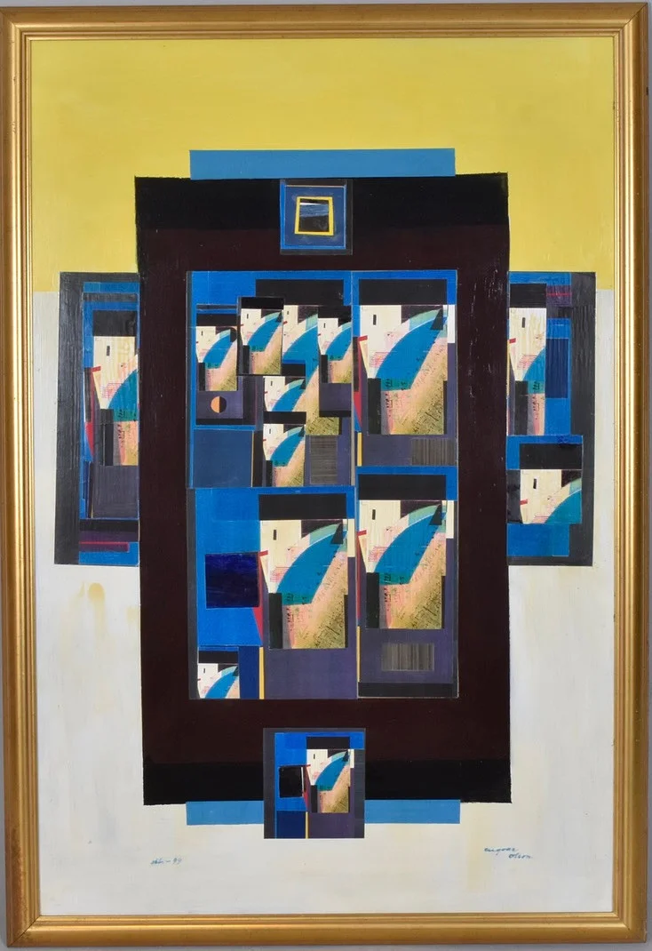 INGVAR OLSON. Oljemålning med collage på pannå. — Paintings — Halmstads Auktionskammare