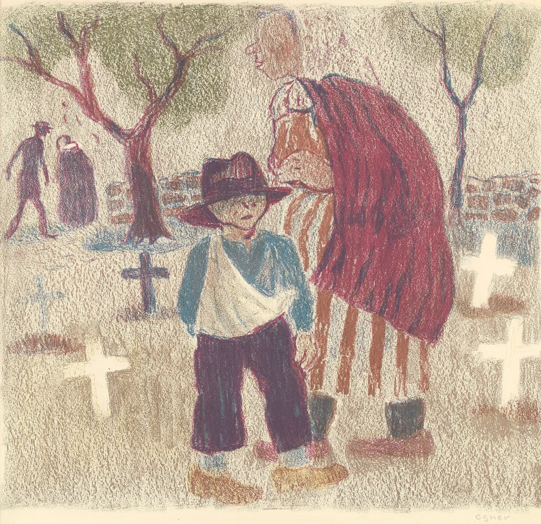 Egner, Thorbjørn — "Vetle-Ola og moren på kirkegården" 1945 — Kunst/Grafikk — Blomqvist