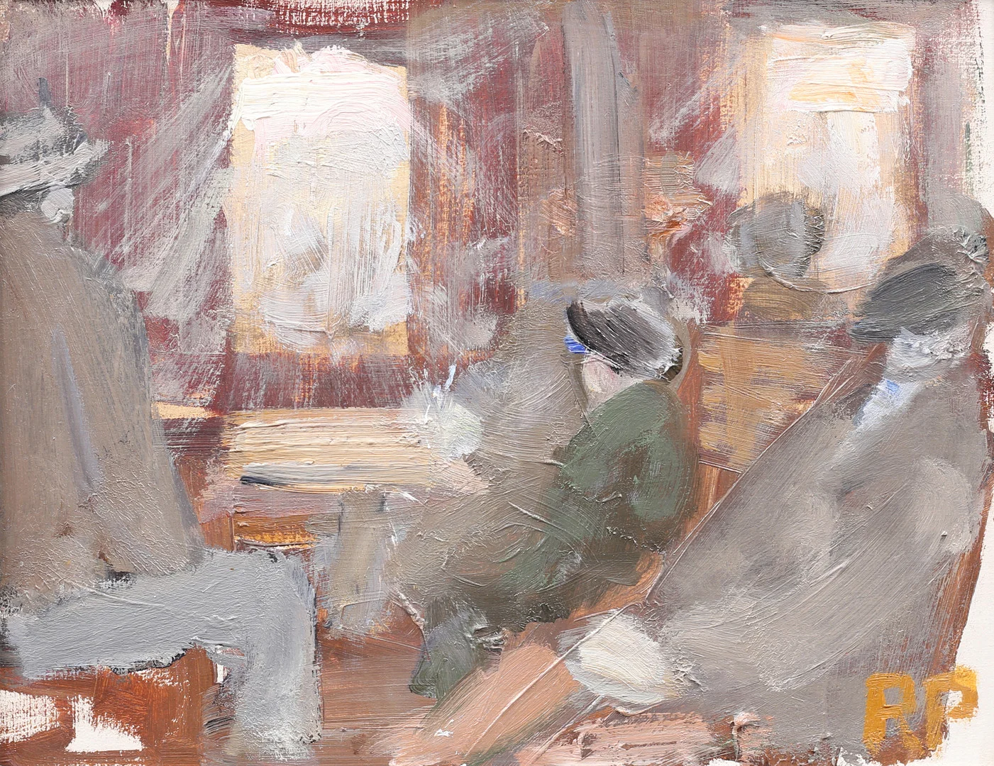 RAGNAR PERSON. I vänthallen, olja på pannå, signerad RP. — Paintings — Garpenhus Auktioner