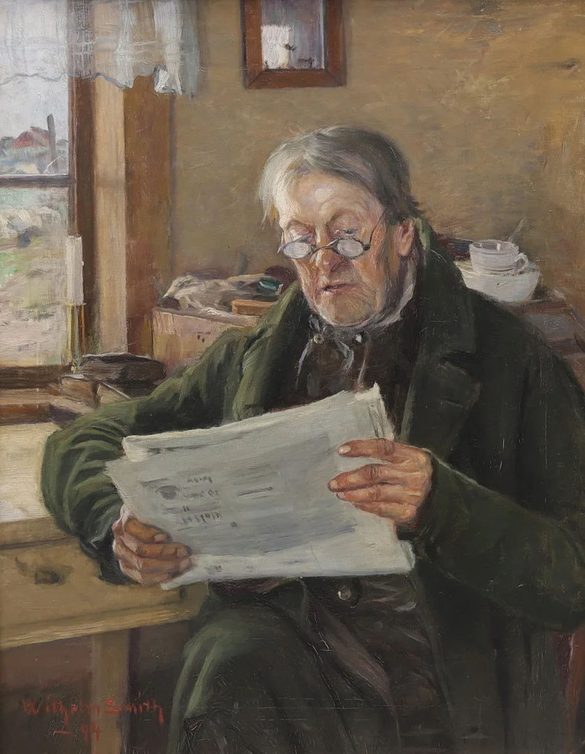 WILHELM SMITH. Tidningsläsande man, olja på duk, signerad och daterad -94. — Paintings — Växjö Auktionskammare