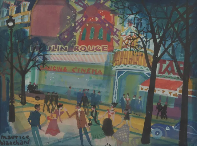 MAURICE BLANCHARD. Moulin Rouge, Paris. Gouache, signerad.