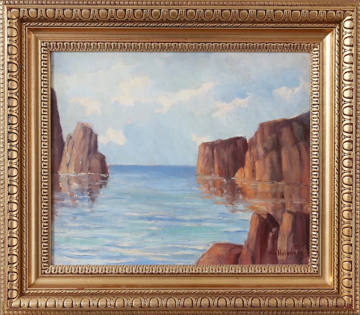 KARL GUSTAV HOLMBERG. Havsmotiv med klippor, olja på pannå, signerad. — Paintings — Kalmar Auktionsverk