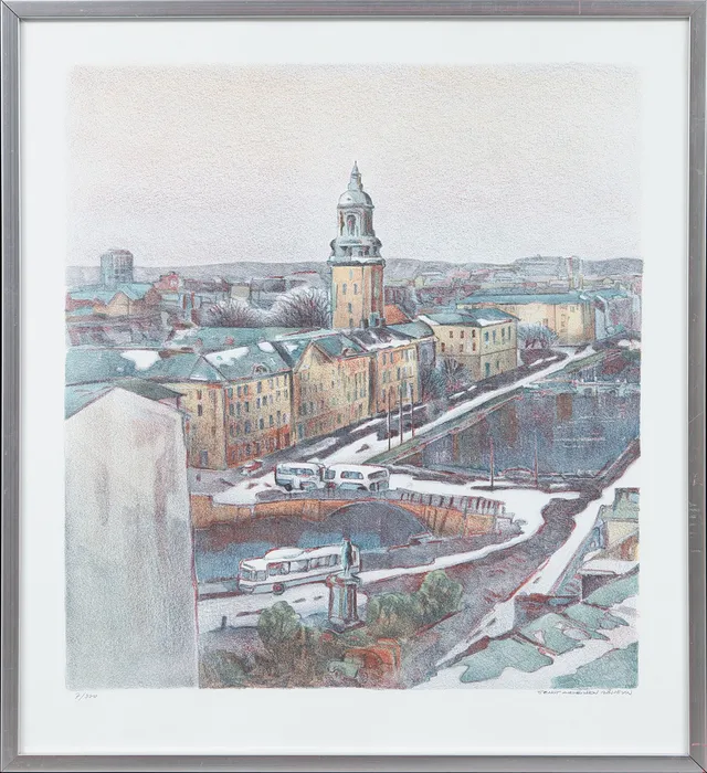 BENGT ANDERSSON RÅSSBYN. Vy över Tyska kyrkan och hamnkanalen Göteborg, litografi, signerad och numrerad 7/300.