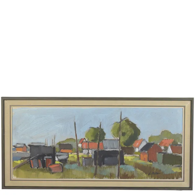 LENNART MÖLLER. Olja på duk, fiskebodar vid hamn, signerad.