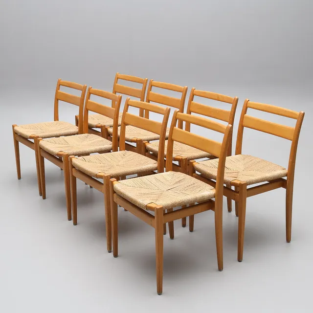 VIDAR MALMSTEN. stolar, 8 st, "Kaj", ek / snörflätad sits, stapelbara, 1960-tal.