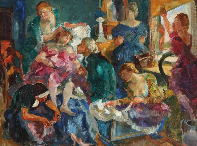Theatrical scene. Signed Ludvig Jacobsen. Oil on canvas. 101×130 cm.