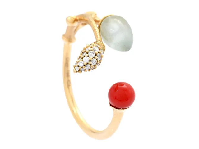 OLE LYNGGAARD, ring, Blooming, 18K guld, akvamarin, korall, 25 briljantslipade diamanter 0,10 ctv, stl 17,5 mm, vikt 2,9 g, originaletui.