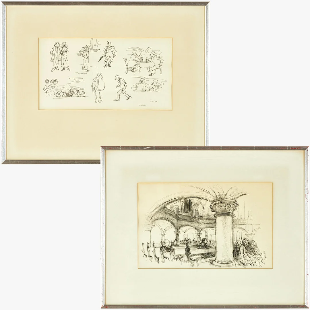 BJÖRN BERG. Tuschteckningar, 2 st, signerade, motiv från Oscarskyrkan samt reportagebild från Munchen (Ölgubbarna på Mathäser Bierstadt). — Drawings — Crafoord Auktioner Stockholm