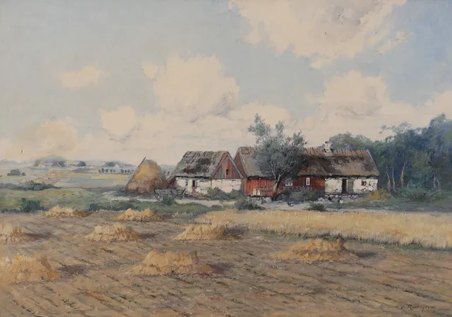 JEAN ROSENGREN. Skånegård, olja på duk, signerad J Rosengren.