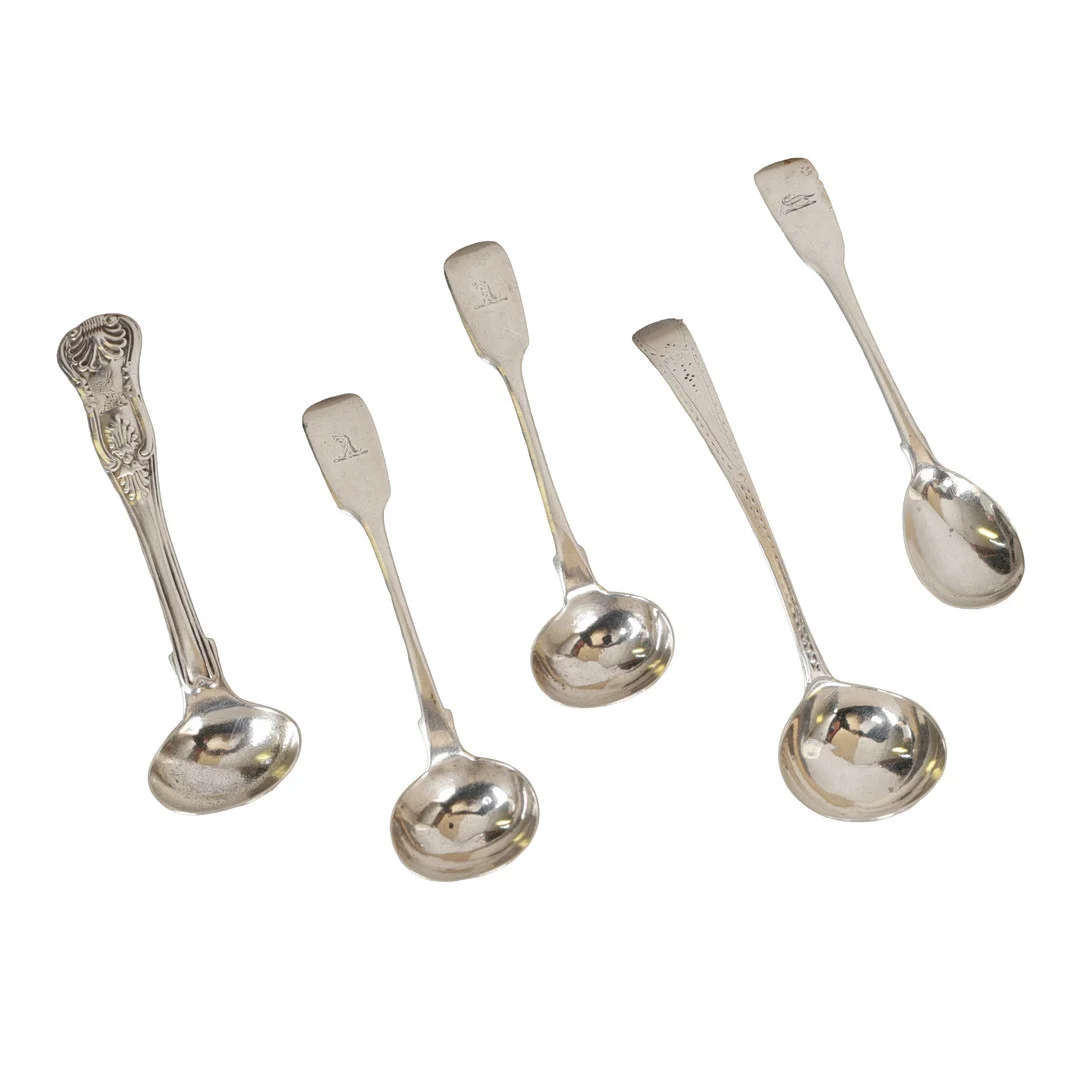FIVE GEORGE III AND LATER SILVER CONDIMENT SPOONS (5). — Silver — Bishop & Miller