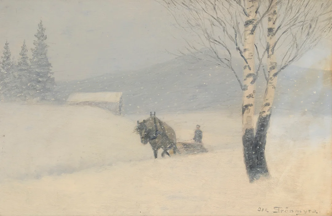 Grønmyra, Oscar — Tømmerkjøring i snøen — Kunst/Maleri — Blomqvist