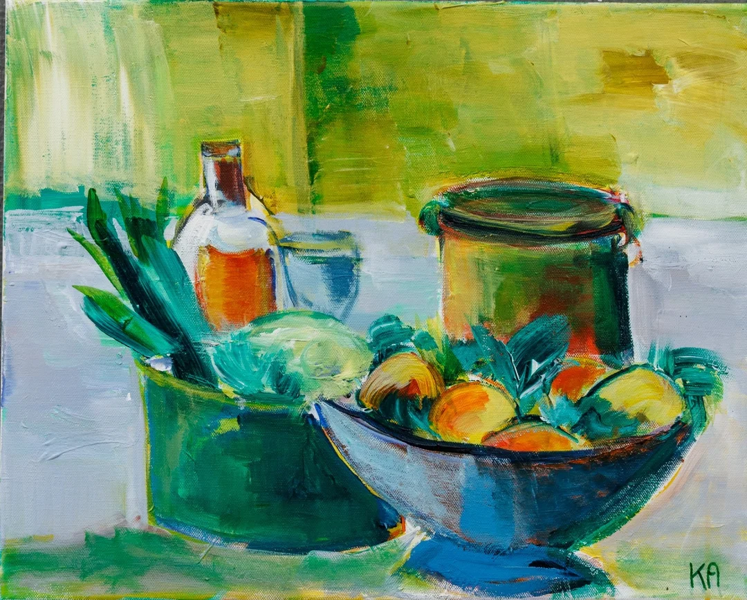 Kirsten Vibeke Andersen cd. Akryl på lærred. 'Før middag' — Paintings and sculptures/Modern pictorial arts — Lauritz