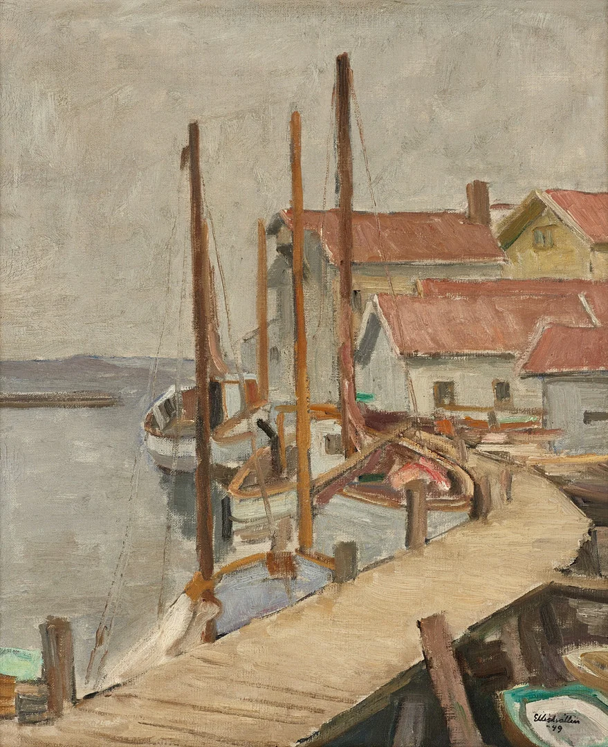 ELLIS WALLIN (1888-1972). "Motiv från långbryggan i Grundsund, Bohuslän", signerad och daterad -49, olja på duk. — Paintings — Crafoord Auktioner Stockholm
