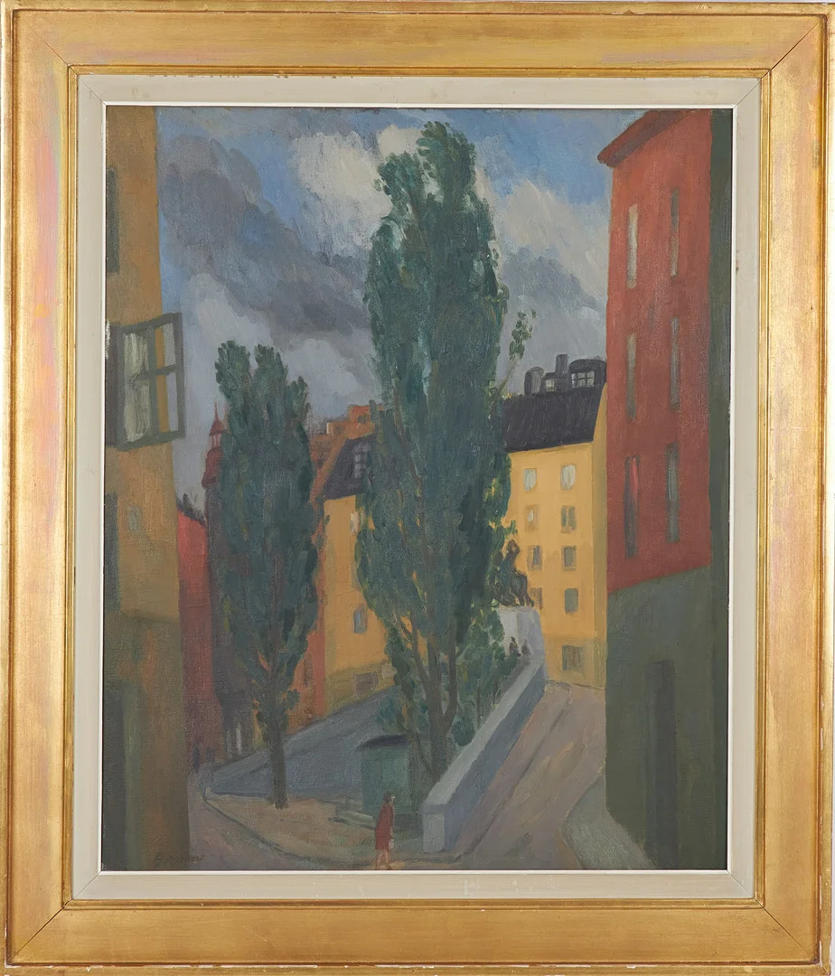 LENNART GRAM. "Köpmanbrinken", olja på duk, signerad. — Paintings — Stockholms Auktionsverk Sickla