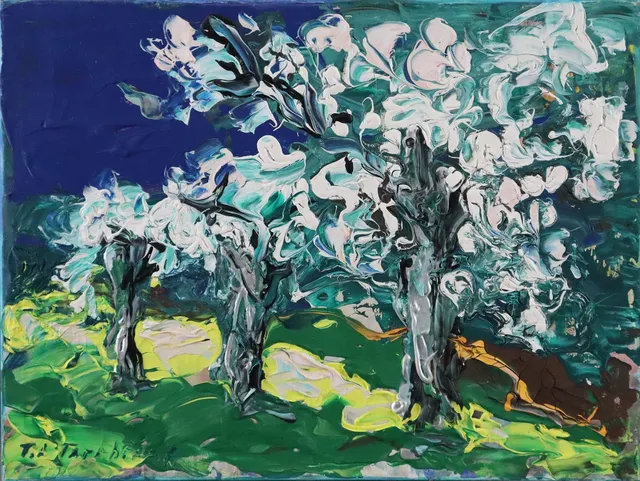 UNBEKANNTER KÜNSTLER. Apfelbäume, Acryl auf Leinwand.