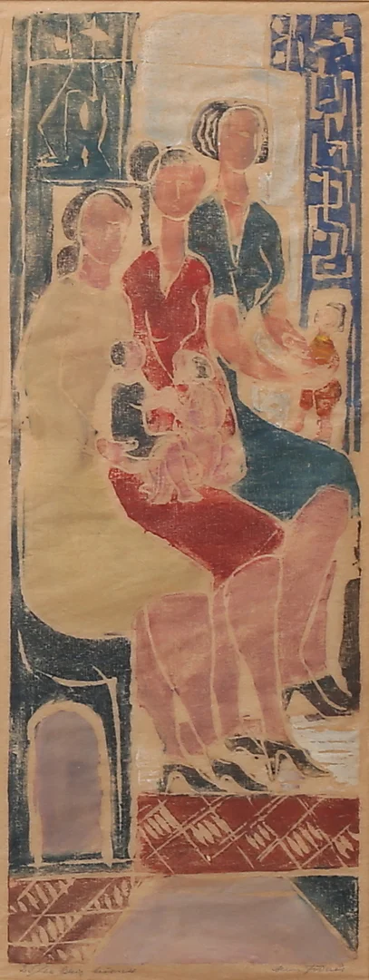 ALLAN JÄDERÅS. Kvinnor med småbarn, originalträsnitt 25/ex, signerad. — Engravings & Prints — Växjö Auktionskammare