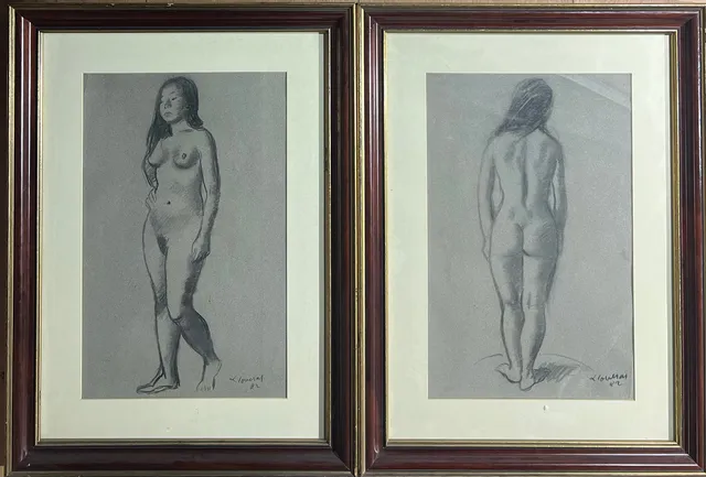 FREDERIC LLOVERAS. Desnudos, pareja de dibujos a carbón.