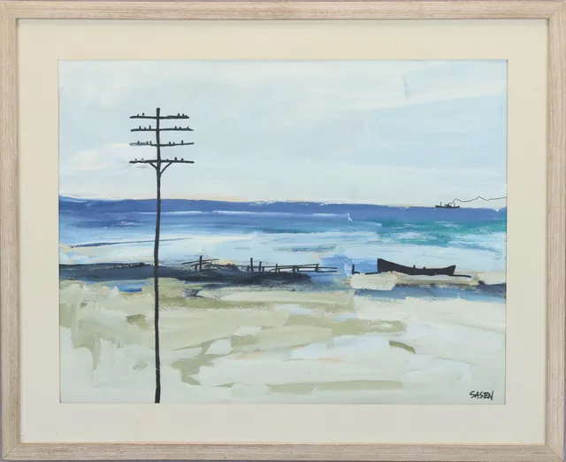 STIG "SASEN" ANDERSEN (1928-2008). Gouache, strandmotiv med stolpe, signerad Sasen.