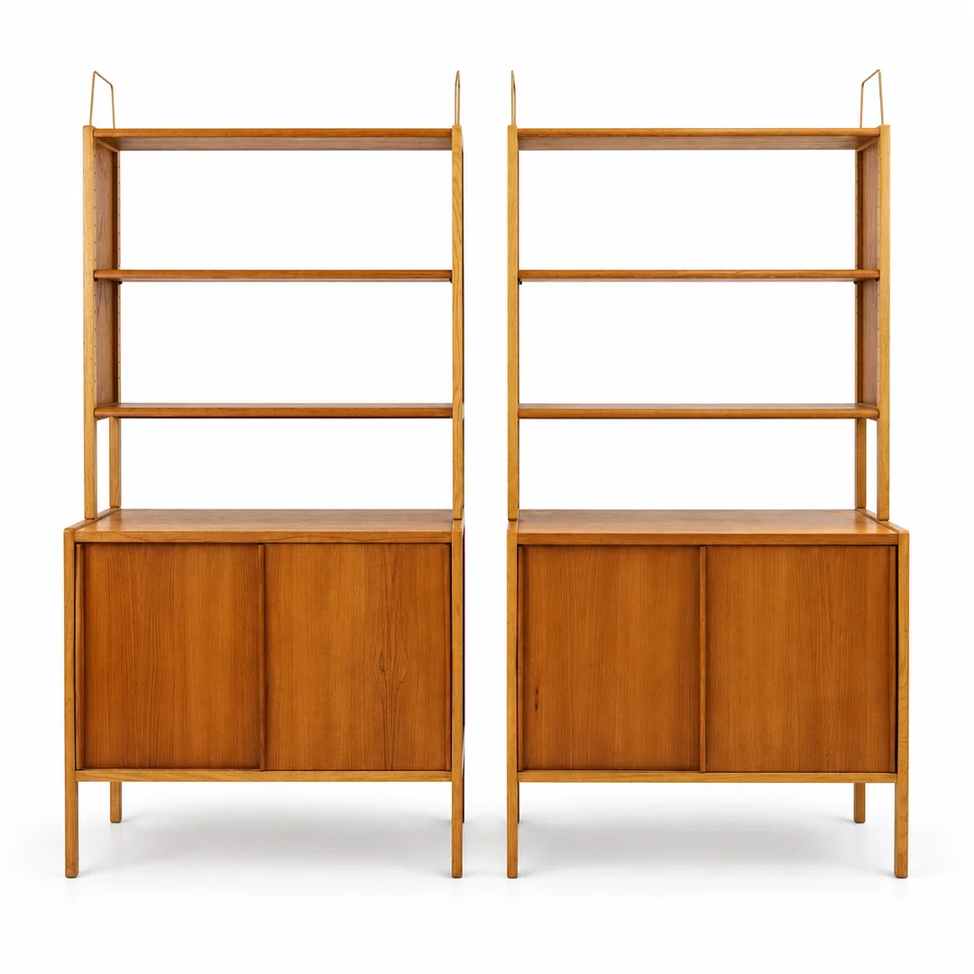 BERTIL FRIDHAGEN. Bokhylla, 2 sektioner, "Variett", teakfanér & ek, Bodafors, daterad 1960-68. — Cupboards, Cabinets & Shelves — Hälsinglands Auktionsverk