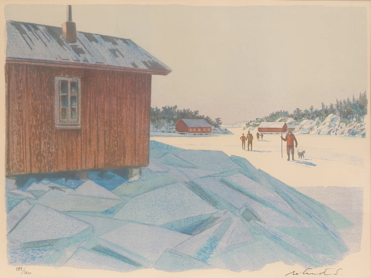 ROLAND SVENSSON. Färglitografi, "Söndag på isen, Möja"signerad och numrerad. — Engravings & Prints — RA Auktionsverket Norrköping