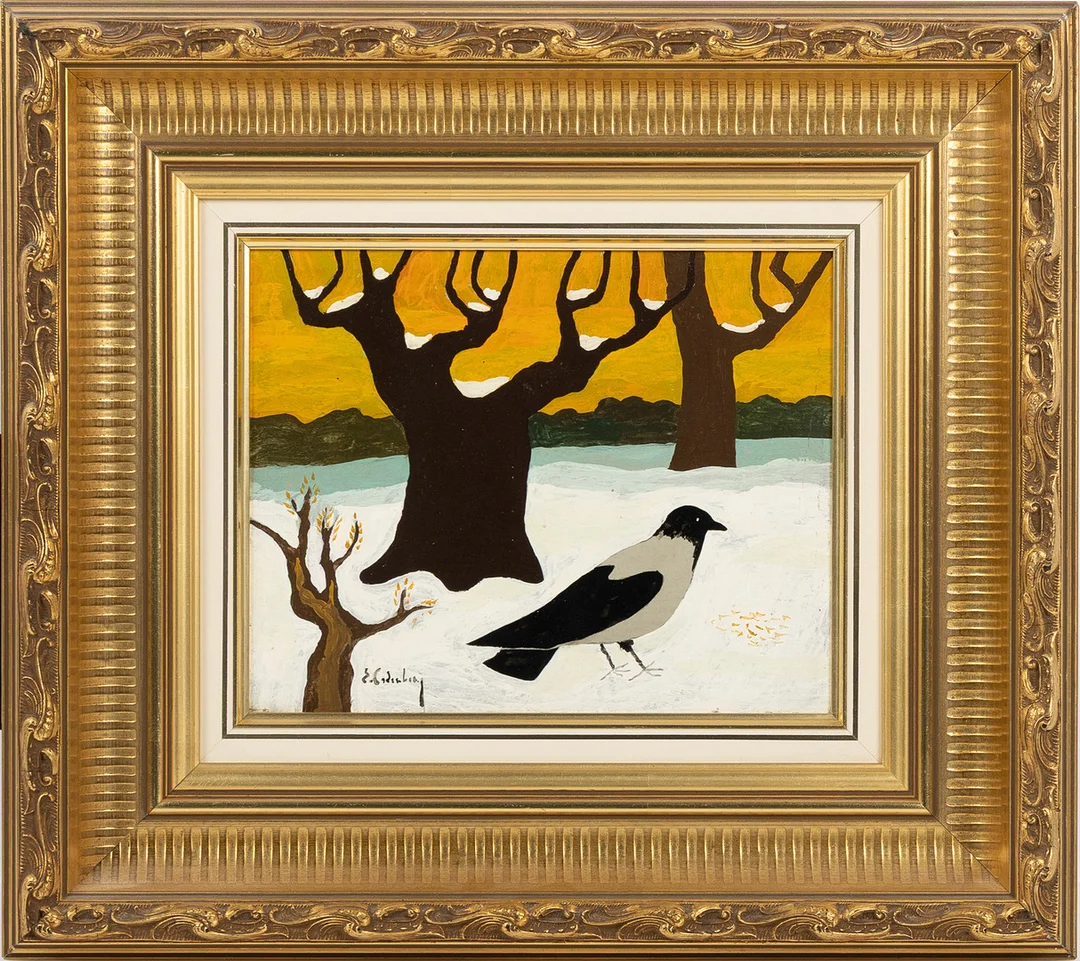 ERIC CEDERBERG. Tempera på pannå, "Skata i vinterlandskap", signerad E Cederberg. — Paintings — Stockholms Auktionsverk Helsingborg
