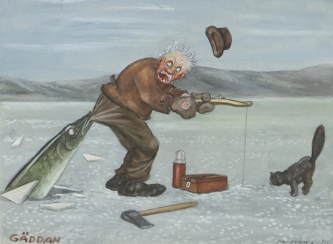 JAC EDGREN. "Gäddan", blandteknik, signerad 1945. — Paintings — Helsingborgs Auktionskammare