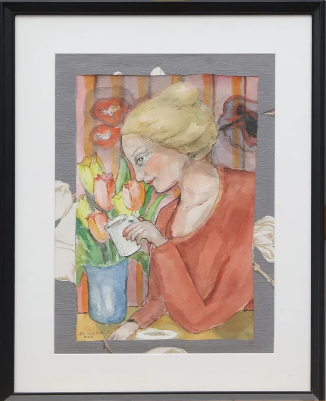SONIA THURBORG. AKVARELL, på papper "En kopp kaffe" signerad.